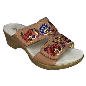Alegria Tan Sandals with Multicolor Floral Embroidery